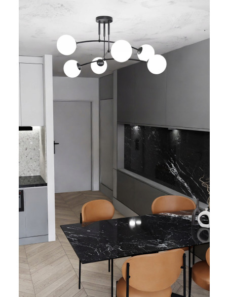 Lampa sufitowa PREGOS E14 z szklanym kloszem, 6-punktowa, elegancka, biały/czarny - idealna do salonu i jadalni