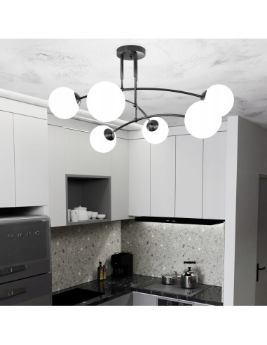 Lampa sufitowa PREGOS E14 z szklanym kloszem, 6-punktowa, elegancka, biały/czarny - idealna do salonu i jadalni