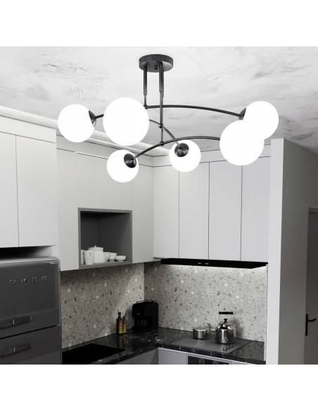 Lampa sufitowa PREGOS E14 z szklanym kloszem, 6-punktowa, elegancka, biały/czarny - idealna do salonu i jadalni