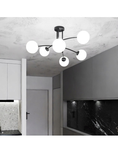Lampa sufitowa PREGOS E14 z szklanym kloszem, 6-punktowa, elegancka, biały/czarny - idealna do salonu i jadalni