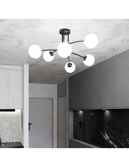 Lampa sufitowa PREGOS E14 z szklanym kloszem, 6-punktowa, elegancka, biały/czarny - idealna do salonu i jadalni