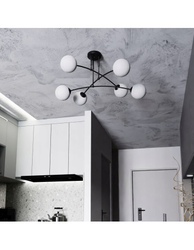Lampa sufitowa PREGOS E14 z szklanym kloszem, 6-punktowa, elegancka, biały/czarny - idealna do salonu i jadalni