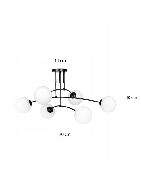 Lampa sufitowa PREGOS E14 z szklanym kloszem, 6-punktowa, elegancka, biały/czarny - idealna do salonu i jadalni