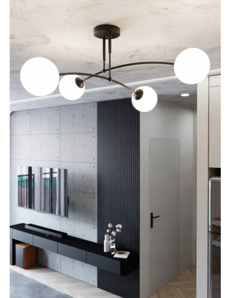 Lampa sufitowa PREGOS z krzyżowanymi ramionami i mlecznym kloszem – nowoczesna elegancja do jadalni i salonu