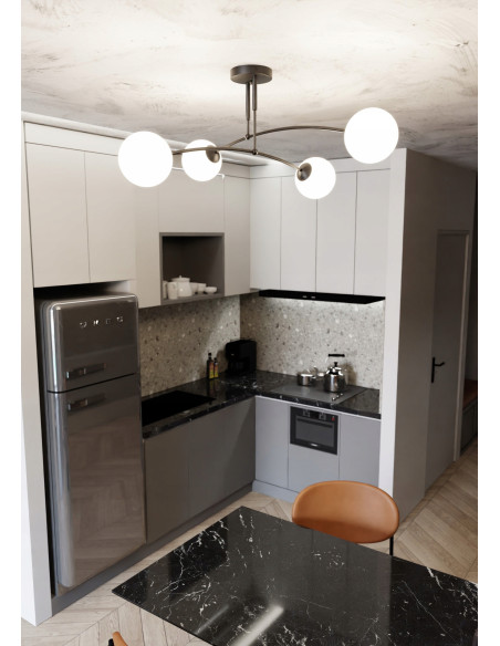 Lampa sufitowa PREGOS z krzyżowanymi ramionami i mlecznym kloszem – nowoczesna elegancja do jadalni i salonu