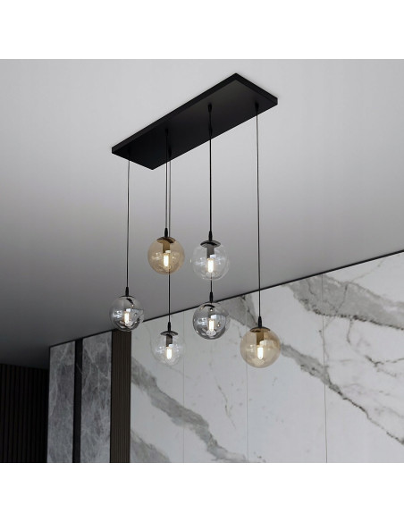 Nowoczesna lampa sufitowa COSMO, 6-punktowa, szklana i metalowa, czarna, beżowa, przezroczysta - idealna do jadalni i biura