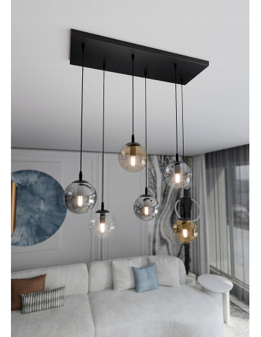 Nowoczesna lampa sufitowa COSMO, 6-punktowa, szklana i metalowa, czarna, beżowa, przezroczysta - idealna do jadalni i biura