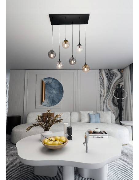 Nowoczesna lampa sufitowa COSMO, 6-punktowa, szklana i metalowa, czarna, beżowa, przezroczysta - idealna do jadalni i biura