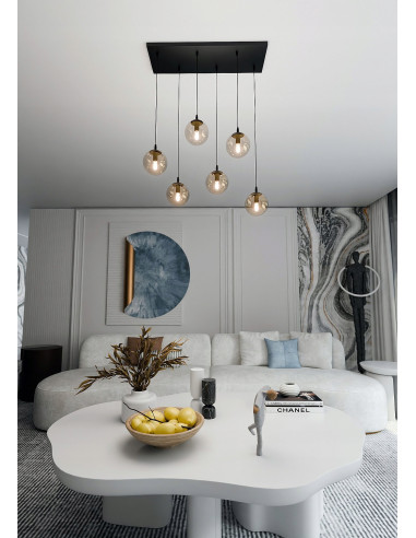 Lampa sufitowa COSMO 6 - Regulowane szklane klosze, nowoczesny design do salonu i biura, E14, czarna/beżowa/bezbarwna