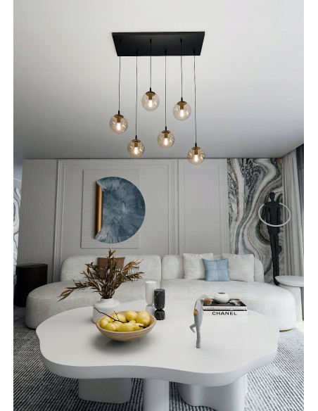 Lampa sufitowa COSMO 6 - Regulowane szklane klosze, nowoczesny design do salonu i biura, E14, czarna/beżowa/bezbarwna