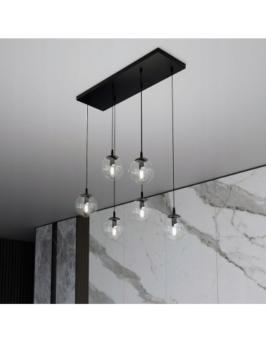 Lampa wisząca COSMO 6, elegancka z prostokątną podsufitką, szklane kule, 10W, czarna, nowoczesne oświetlenie do wnętrz