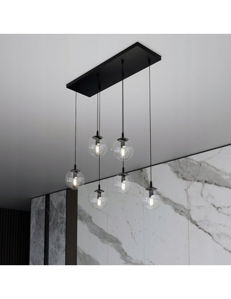 Lampa wisząca COSMO 6, elegancka z prostokątną podsufitką, szklane kule, 10W, czarna, nowoczesne oświetlenie do wnętrz