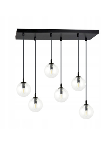 Lampa wisząca COSMO 6, elegancka z prostokątną podsufitką, szklane kule, 10W, czarna, nowoczesne oświetlenie do wnętrz
