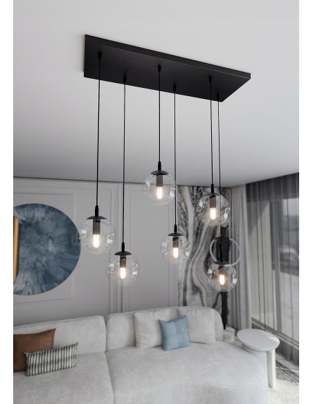 Lampa wisząca COSMO 6, elegancka z prostokątną podsufitką, szklane kule, 10W, czarna, nowoczesne oświetlenie do wnętrz