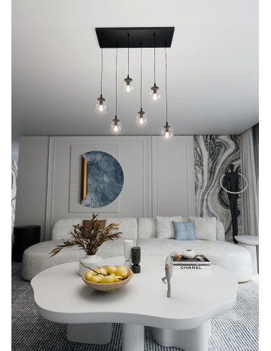 Lampa wisząca COSMO 6, elegancka z prostokątną podsufitką, szklane kule, 10W, czarna, nowoczesne oświetlenie do wnętrz