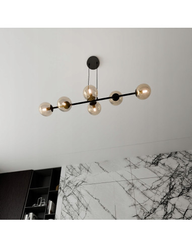 Lampa sufitowa ROSSI 6 - nowoczesny czarno-beżowy design z szklanymi kloszami do biura, salonu i jadalni