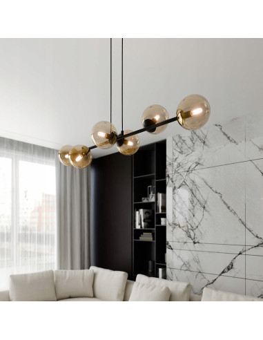 Lampa sufitowa ROSSI 6 - nowoczesny czarno-beżowy design z szklanymi kloszami do biura, salonu i jadalni