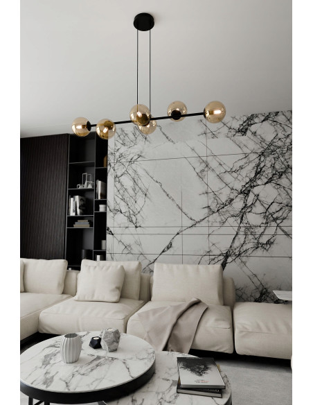 Lampa sufitowa ROSSI 6 - nowoczesny czarno-beżowy design z szklanymi kloszami do biura, salonu i jadalni