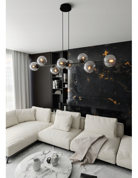 Lampa Wisząca ROSSI 8 BL - Elegancka, Grafitowa, Szklane Kule, 8 Źródeł Światła do Biura, Salonu i Jadalni