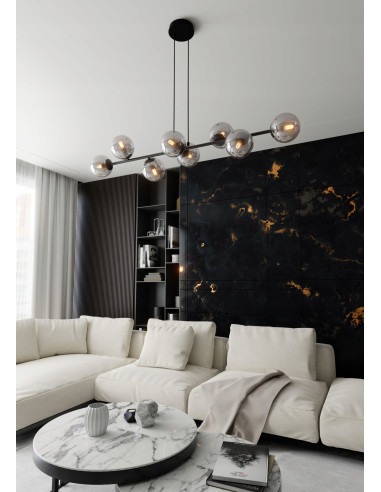 Lampa Wisząca ROSSI 8 BL - Elegancka, Grafitowa, Szklane Kule, 8 Źródeł Światła do Biura, Salonu i Jadalni