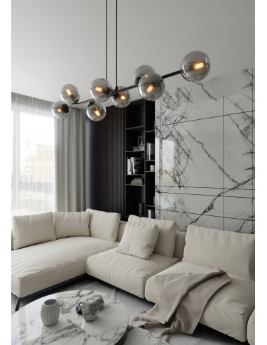 Lampa Wisząca ROSSI 8 BL - Elegancka, Grafitowa, Szklane Kule, 8 Źródeł Światła do Biura, Salonu i Jadalni