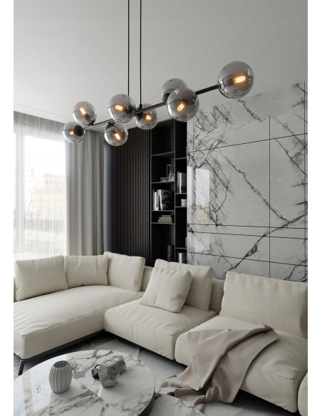 Lampa Wisząca ROSSI 8 BL - Elegancka, Grafitowa, Szklane Kule, 8 Źródeł Światła do Biura, Salonu i Jadalni