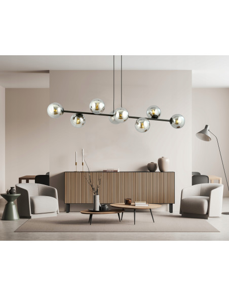 Lampa Wisząca ROSSI 8 BL - Elegancka, Grafitowa, Szklane Kule, 8 Źródeł Światła do Biura, Salonu i Jadalni