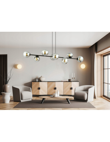 Lampa Wisząca ROSSI 8 BL - Elegancka, Grafitowa, Szklane Kule, 8 Źródeł Światła do Biura, Salonu i Jadalni