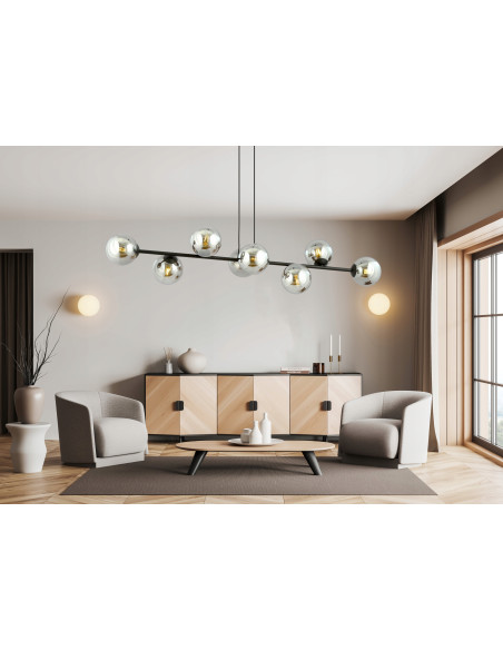 Lampa Wisząca ROSSI 8 BL - Elegancka, Grafitowa, Szklane Kule, 8 Źródeł Światła do Biura, Salonu i Jadalni