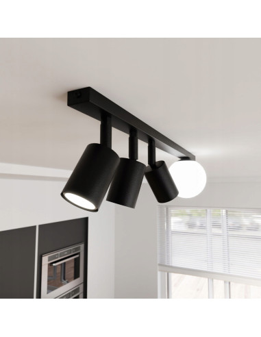 Listwa sufitowa BASTER 4 BLACK z 3 reflektorami – nowoczesna lampa metalowa z szklanym kloszem do biura i jadalni