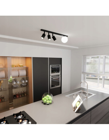 Listwa sufitowa BASTER 4 BLACK z 3 reflektorami – nowoczesna lampa metalowa z szklanym kloszem do biura i jadalni