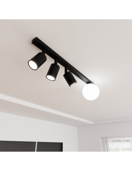 Listwa sufitowa BASTER 4 BLACK z 3 reflektorami – nowoczesna lampa metalowa z szklanym kloszem do biura i jadalni