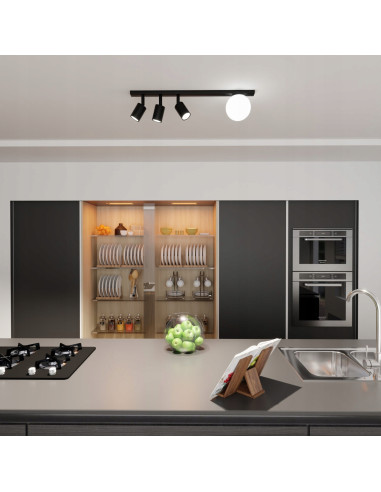 Listwa sufitowa BASTER 4 BLACK z 3 reflektorami – nowoczesna lampa metalowa z szklanym kloszem do biura i jadalni