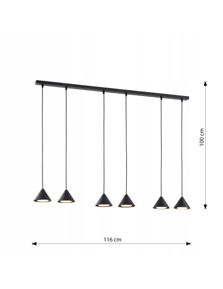 Nowoczesna lampa sufitowa ELIT 6 BLACK z metalowymi kloszami, 100 cm, 6 źródeł światła, elegancja do wnętrz.