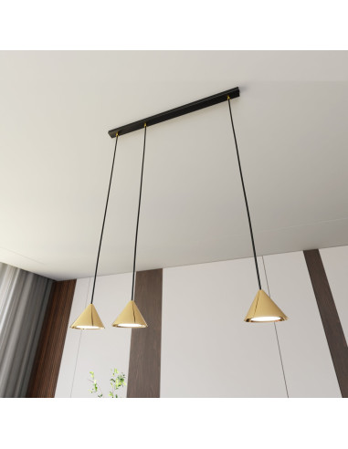 Nowoczesna lampa sufitowa ELIT z trójkątnymi kloszami w czerni i złocie, 3 źródła światła do biura i mieszkań