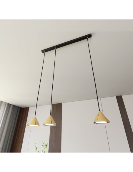 Nowoczesna lampa sufitowa ELIT z trójkątnymi kloszami w czerni i złocie, 3 źródła światła do biura i mieszkań