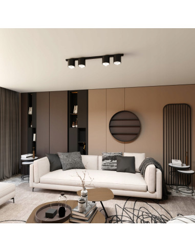 Elegancka czarna lampa sufitowa NANO z 4 reflektorami – nowoczesny design do biura i wnętrz mieszkalnych