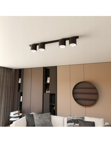 Elegancka czarna lampa sufitowa NANO z 4 reflektorami – nowoczesny design do biura i wnętrz mieszkalnych