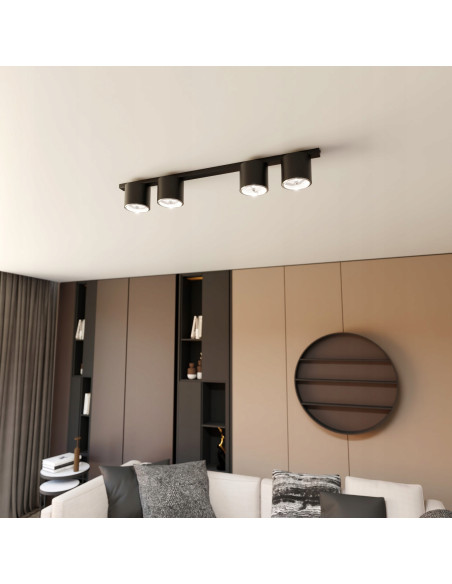 Elegancka czarna lampa sufitowa NANO z 4 reflektorami – nowoczesny design do biura i wnętrz mieszkalnych