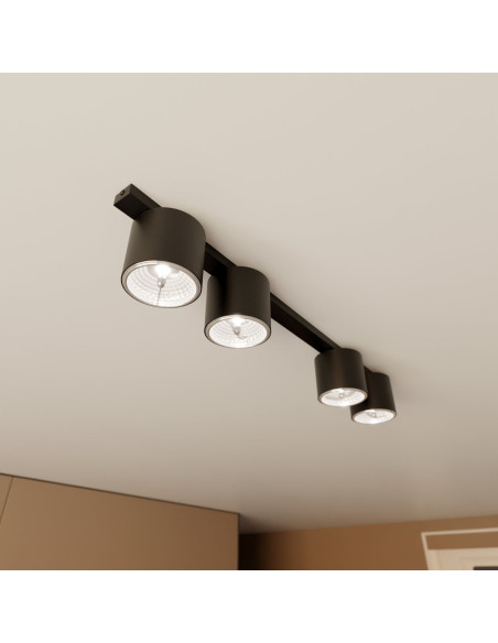 Elegancka czarna lampa sufitowa NANO z 4 reflektorami – nowoczesny design do biura i wnętrz mieszkalnych
