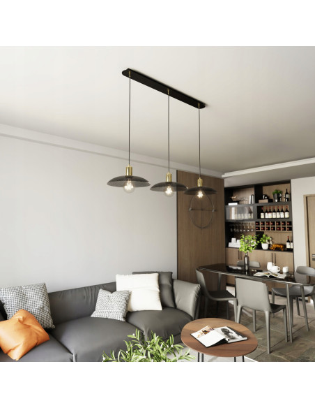 Lampa sufitowa SPIRIT 3 BLACK z siateczkowym kloszem i złotym akcentem – elegancka do nowoczesnych wnętrz kuchennych