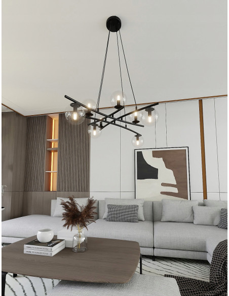Lampa wisząca ESSA 8 - nowoczesna elegancja z przezroczystymi kloszami do salonu, jadalni i biura w kolorze czarnym i bezbarwnym