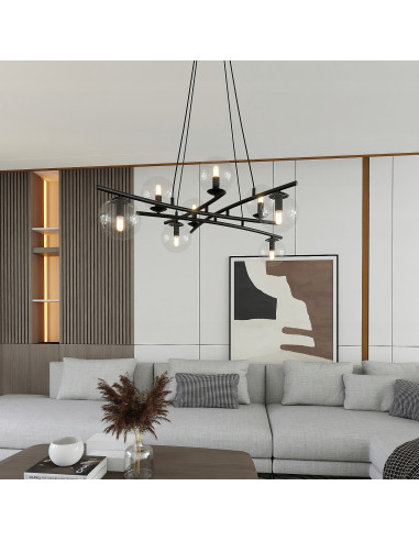 Lampa wisząca ESSA 8 - nowoczesna elegancja z przezroczystymi kloszami do salonu, jadalni i biura w kolorze czarnym i bezbarwnym