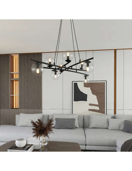 Lampa wisząca ESSA 8 - nowoczesna elegancja z przezroczystymi kloszami do salonu, jadalni i biura w kolorze czarnym i bezbarwnym