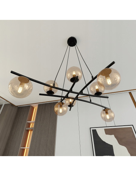 Lampa sufitowa ESSA 8-punktowa w kolorze bursztynowym i czarnym, nowoczesny design do eleganckich wnętrz
