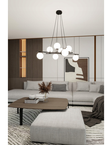 Lampa sufitowa ESSA 8 w kolorze czarnym z białymi kloszami – eleganckie oświetlenie do każdego wnętrza