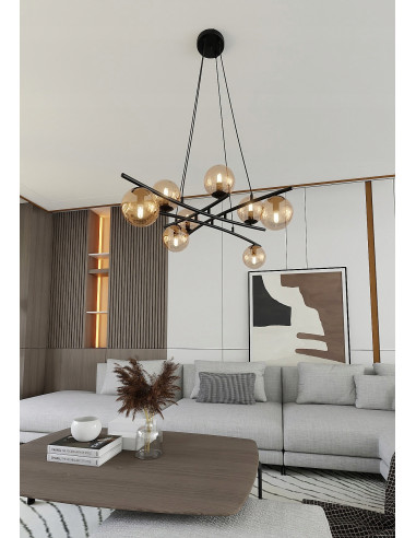 Lampa sufitowa ESSA 8-punktowa w kolorze bursztynowym i czarnym, nowoczesny design do eleganckich wnętrz