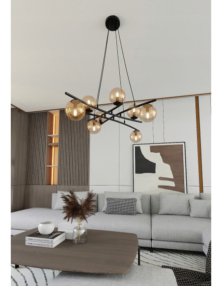 Lampa sufitowa ESSA 8-punktowa w kolorze bursztynowym i czarnym, nowoczesny design do eleganckich wnętrz