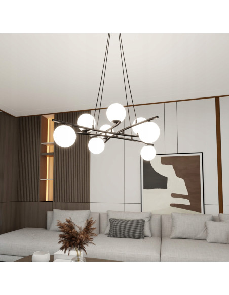 Lampa sufitowa ESSA 8 w kolorze czarnym z białymi kloszami – eleganckie oświetlenie do każdego wnętrza