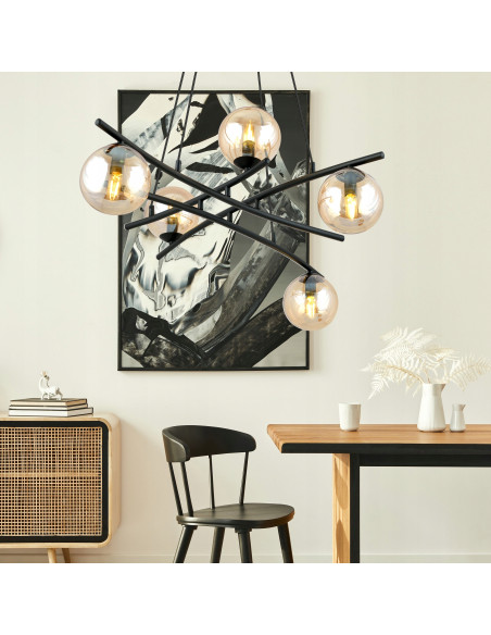 Lampa sufitowa ESSA 5 - elegancki żyrandol z bursztynowymi kloszami do salonu i nowoczesnych wnętrz